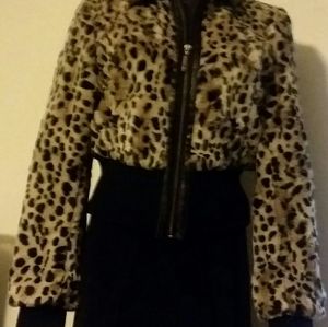 Guess Faux Fur Leopard Bomber Jacket